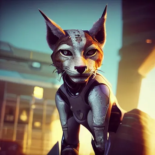 Image similar to “beautiful up close photo of an anthropomorphic lynx cat, wearing futuristic armour staring toward camera while sitting in the streets of area 18 on arccorp plaza, star citizen”