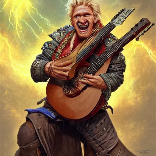 Image similar to detailed photo of a orc bard portrayed by gigachad Gary Busey playing a lute, 8k,by Tristan Eaton, Stanley Artgermm, Tom Bagshaw, Greg Rutkowski, Carne Griffiths, trending on DeviantArt, face enhance, hyper detailed ,full of color, dramatic lightning, epic stance