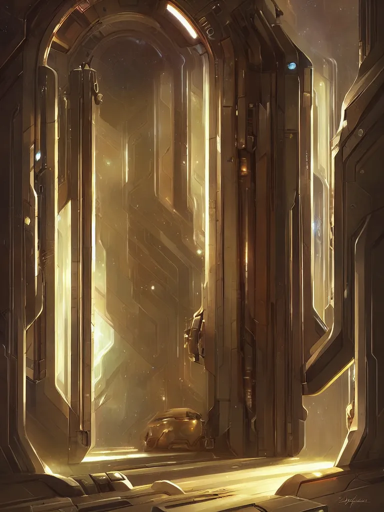 Image similar to hyper realistic art - deco sci - fi double door by jordan grimmer, darek zabrocki