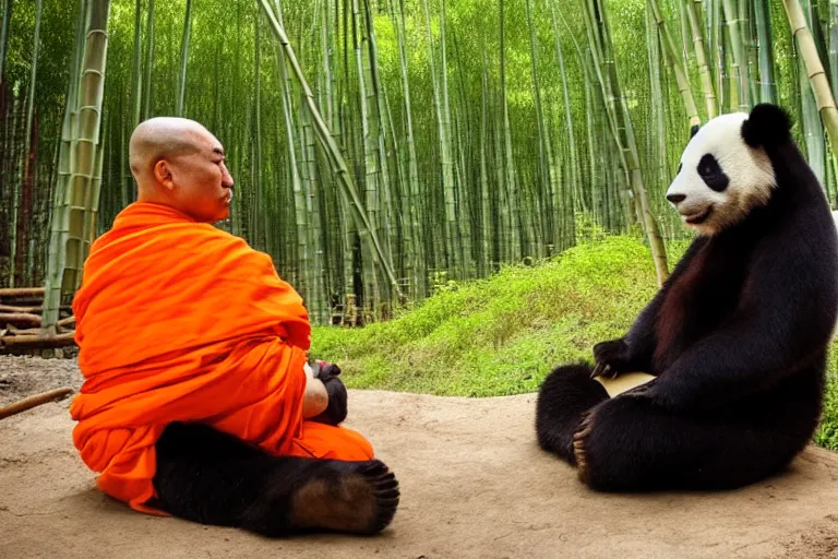 Image similar to a high quality photo of a panda monk, wearing orange clothes, meditating, sitting in front of a temple. bamboo forest in the background, shinji aramaki
