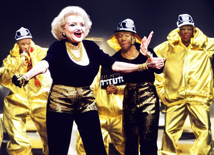 Image similar to publicity photo still of betty white as a gangsta rapper covered in gold chains, with grills in teeth and wearing a jumpsuit live on stage, 8 k, live concert lighting, mid shot