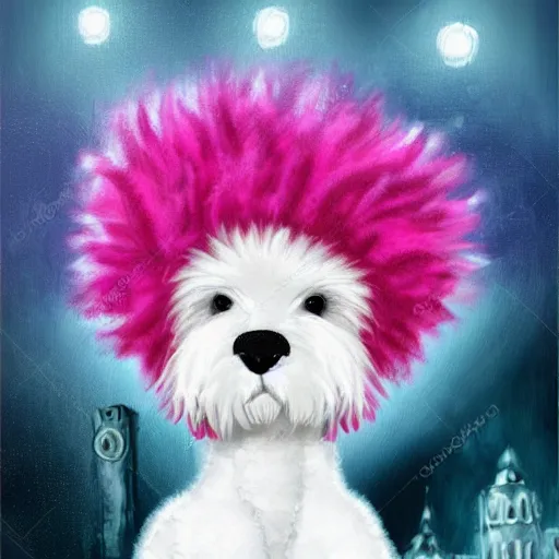 Prompt: cute fuzzy white poodle with pink mohawk hairstyle with night city landscape background detailed painting 4 k