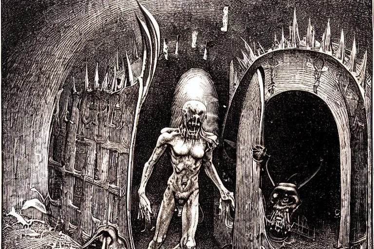 Image similar to fallen angel begs to enter the gates of hell by les edwards and moebius and hieronymus bosch