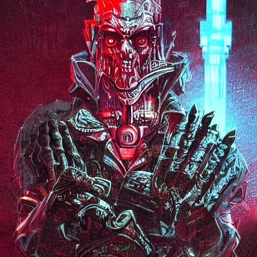 Image similar to blood hunter inspirer, in the style of john giunta and philippe druillet, trending on artstation, iridescent cyan lighting camera view from above trending on artstation, bokeh, stuckism, futuresynth, dada