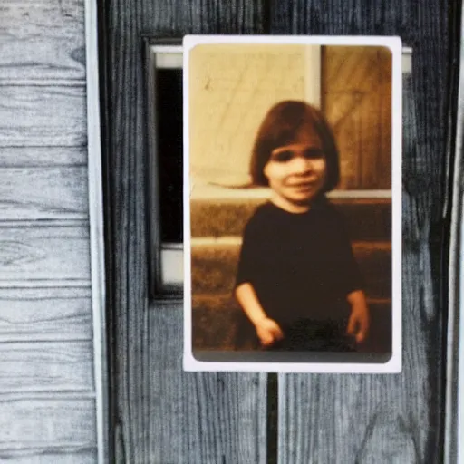 Image similar to found polaroid on a table. picture of a young child with a scary mask on a front porch. dark and spooky, flash photography