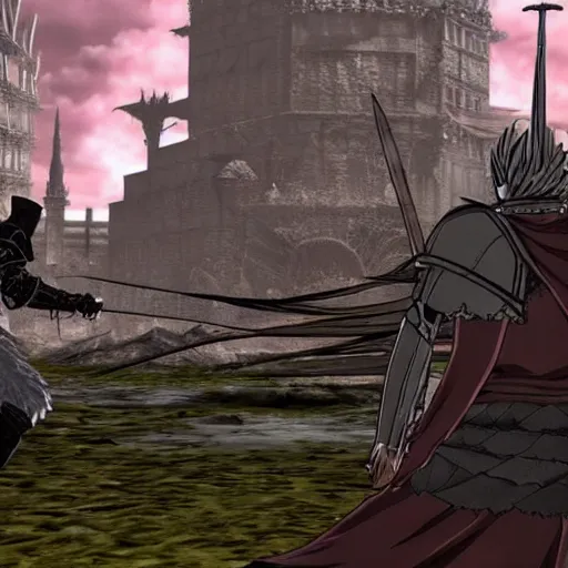 Prompt: gameplay screenshot of the game dark souls as an anime movie, a dark souls final boss battle in anor londo in the style of anime