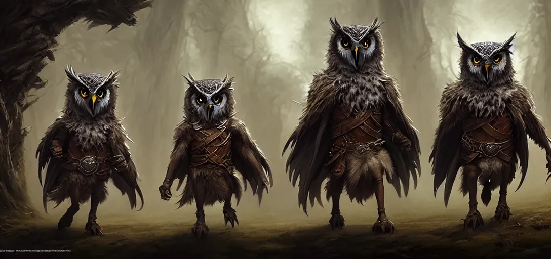 Image similar to d & d concept art matte painting owlfolk race in the style of stefan kostic, realistic, sharp focus, 8 k high definition, insanely detailed, intricate, mysterious, art by stanley lau and artgerm and luis royo