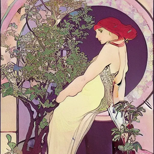 Image similar to “ a girl looking down at a small bonsai tree!!!!!, by alphonse mucha ”