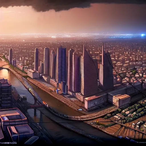 Image similar to A beautiful hyper-realistic detailed matte painting of city of Kinshasa, dramatic lighting, dynamic lighting, cinematic lighting, lit by morning light, by Raphael Lacoste and John Howe and Andreas Rocha, unreal engine, featured on artstation, ultrawide angle, f8, polarizer filter