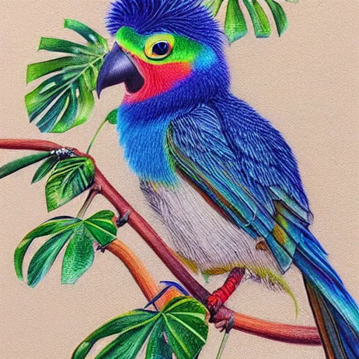 Prompt: Colored pencil art on paper, Tropical Bird, highly detailed, artstation, MasterPiece, Award-Winning, Caran d'Ache Luminance