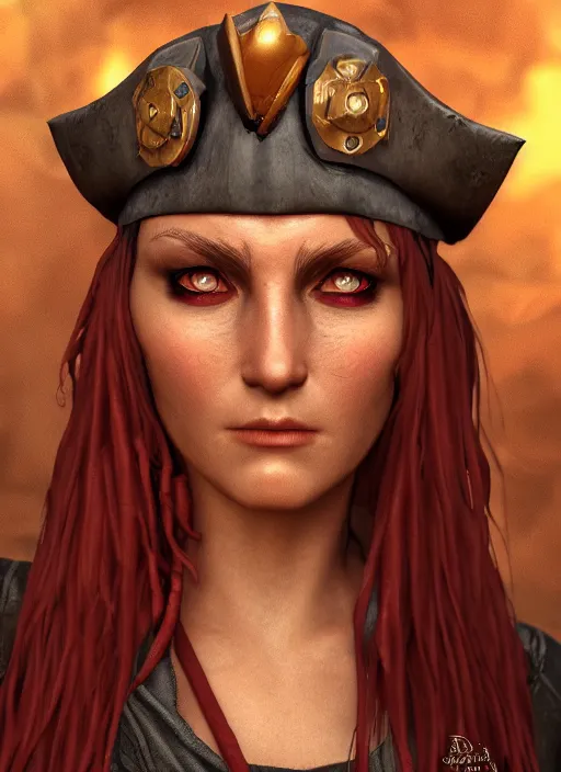 Image similar to A fantasy comic book style portrait painting of a 30 year old female as a pirate wizard in a atmospheric dark fortress, unreal 5, DAZ, hyperrealistic, octane render, RPG portrait, ambient light, dynamic lighting