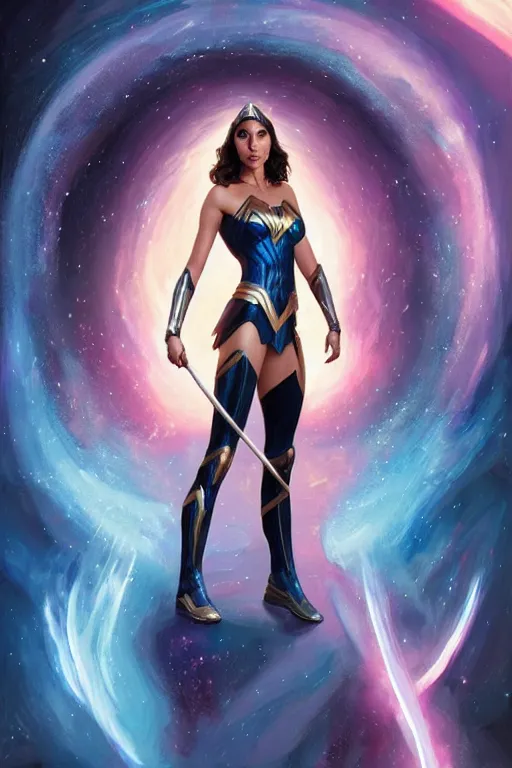 Prompt: Gal Gadot as Queen of the Cosmos, anatomy, only two hands, highly detailed, digital painting, artstation, concept art, smooth, sharp focus, illustration, Unreal Engine 5, 8K, art by art by artgerm and greg rutkowski and edgar maxence