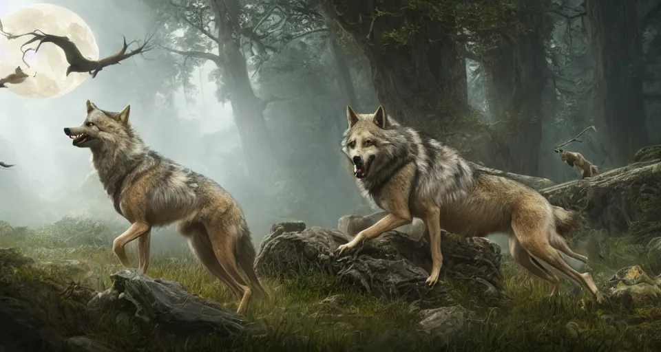 Image similar to wolves and their treasures. fantasy style, ultra realistic, octane render, unreal engine, raytracing, 8 k highly detailed, trending on artstation, illustration, digital painting, highly detailed render by george stubbs