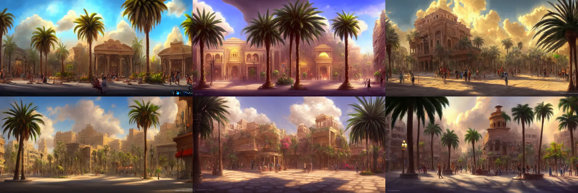 Prompt: a concept painting in the style of tyler edlin of the khedival opera house in talaat harb square cairo with beautiful dramatic clouds, dappled lighting, lush landscaping, date palm trees, shrubs and flowers. tyler edlin, trending on artstation