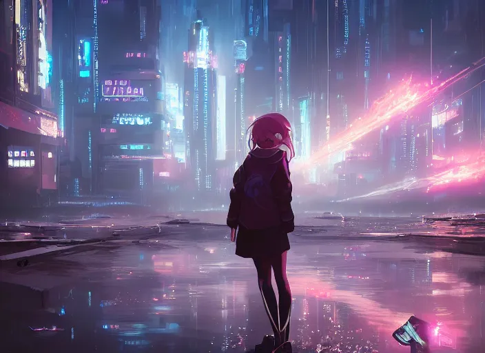 Image similar to girl staring at a meteorite hitting a floating cyberpunk city at night by wlop, key visual, high detail, digital art