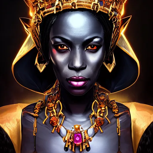 Image similar to a dark and ominous african queen with glowing eyes and a golden crown with a ruby and a black diamond in her forehead, Apex Legends character digital illustration portrait design, by android jones and greg rutkowski in a cyberpunk voodoo style, detailed, cinematic lighting, wide angle action dynamic portrait