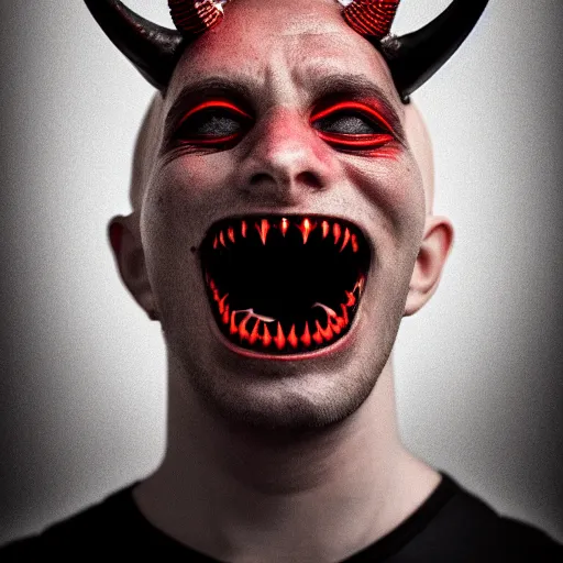 Prompt: a man with horns growing from his head. a black dot. red eyes and sharp teeth. portrait photography, studio lighting, cinematic, chilling 4 k