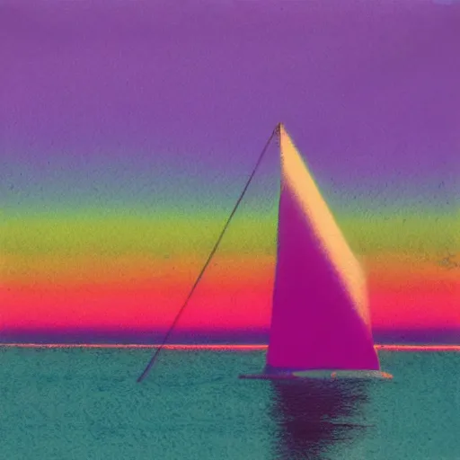 Image similar to a high fidelity pastel coloured Polaroid of a pink sail boat at sea, rainbow, volumetric light, god rays