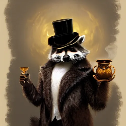 Image similar to a raccoon with a top hat holding a tea cup, intricate, highly detailed, digital painting, artstation, concept art, smooth, sharp focus, illustration, unreal engine 5, 8 k, art by artgerm and greg rutkowski and alphonse mucha