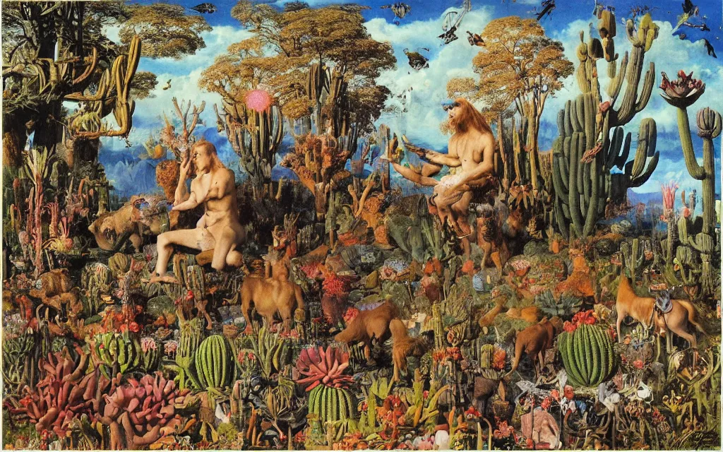 Image similar to photograph of a meditating centaur shaman and a striped werewolf feeding animals. surrounded by bulbous flowers, animals and a few trees and cacti. river delta with cliffs under a blue sky of burning stars. painted by jan van eyck, max ernst, ernst haeckel, ernst fuchs and artgerm. trending on artstation, trending on cgsociety