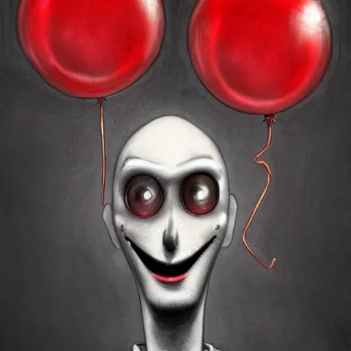 Prompt: surrealism grunge cartoon portrait sketch of slender man with a wide smile and a red balloon by - michael karcz, loony toons style, corpse bride style, horror theme, detailed, elegant, intricate