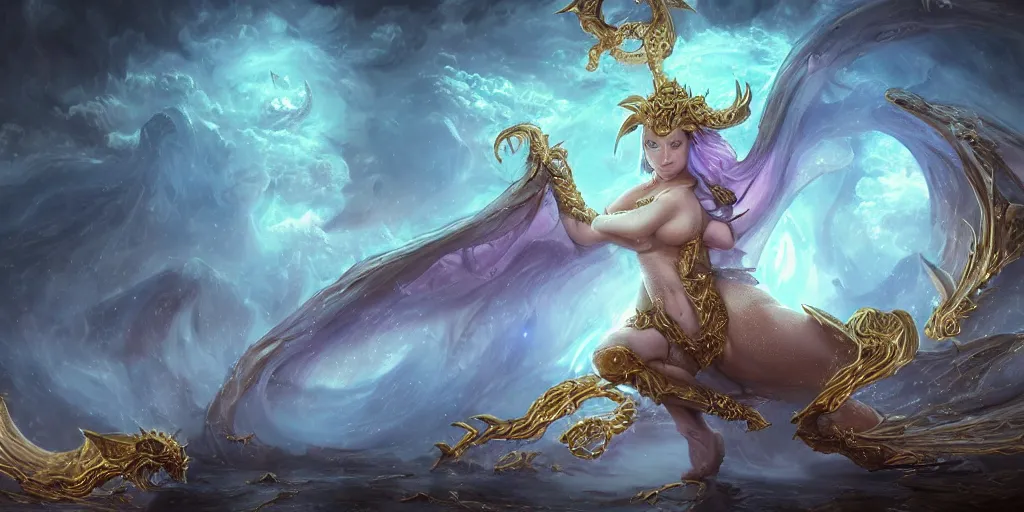 Prompt: concept art of translucent glowing curvy demon dancing booty, flowy, melting, round moons, rich clouds, very detailed, volumetric light, mist, fine art, textured oil over canvas, dragons, epic fantasy art, very colorful, ornate intricate scales, gold skulls, fractal gems, snow, 8 k, hyper realistic, high contrast, yuji moriguchi