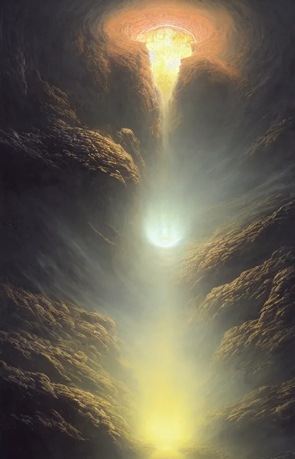 Image similar to enormous portal into godhood created by primordial demiurge flickers omniously on a barren hellish exoplanet, philosophical concept illustrated by James Gurney and Zdzislaw Beksinski and Dariusz Zawadski, dramatic lighting, ultra HD, HDR, 8k