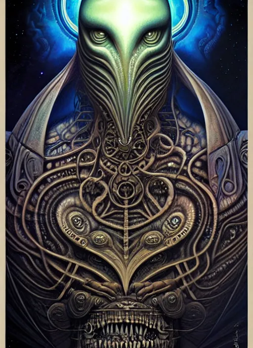 Prompt: cosmic lovecraft giger fractal random myth greek portrait, pixar style, by tristan eaton stanley artgerm and tom bagshaw.