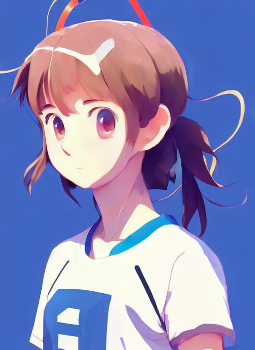 Image similar to portrait of cute high school runner girl, sunny sky background stadium landscape illustration concept art anime key visual trending pixiv fanbox by wlop and greg rutkowski and makoto shinkai and studio ghibli and kyoto animation symmetrical facial features short down hair sports clothing marathon race nike shirt