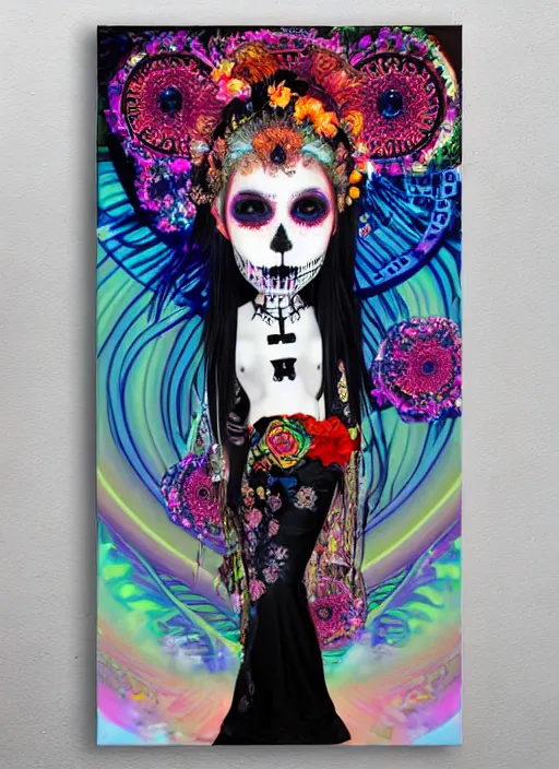 Prompt: cute punk goth fashion hippy fractal Día de los Muertos android girl wearing kimono made of light posing by Zhang Jingna, psychedelic poster art of by Victor Moscoso Rick Griffin Alphonse Mucha Gustav Klimt Ayami Kojima Amano Charlie Bowater, masterpiece