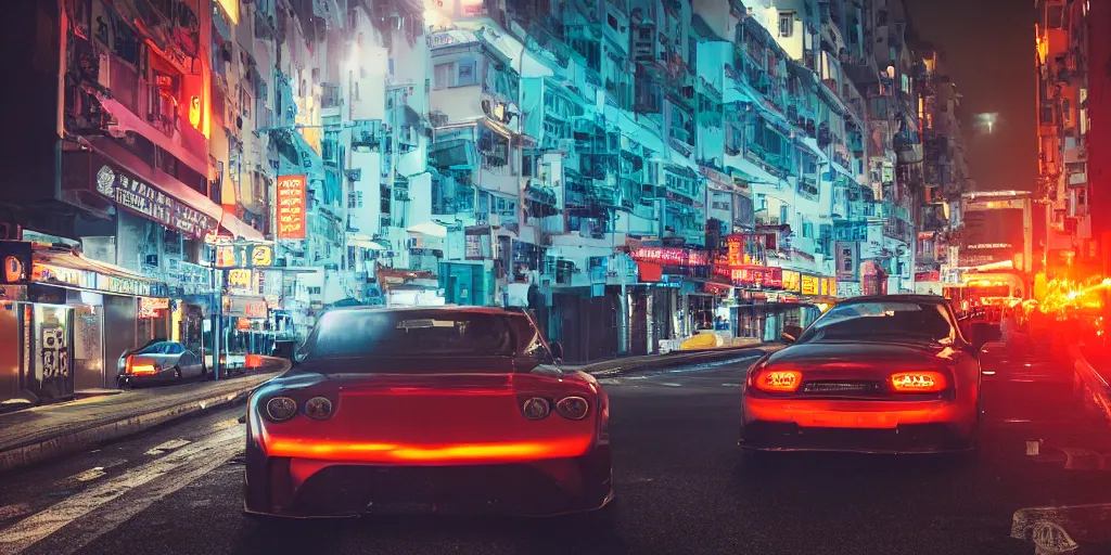 Image similar to supra with a orange neon light above the car and a light reflection in the middle of a road on the night Hong Kong china town, blue color grading, cinematic color grading , unreal 5, hyperrealistic, realistic, photorealistic, dynamic lighting, highly detailed, cinematic landscape, studio landscape, studio lighting