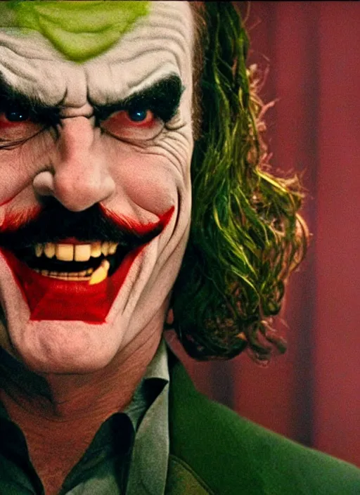 Image similar to film still of tom selleck as the joker in the dark knight, 4 k