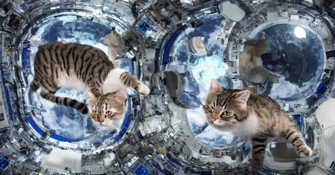 Prompt: Photo of a cat floating inside the International Space Station in zero gravity, highly-detailed 4K award-winning cinematic