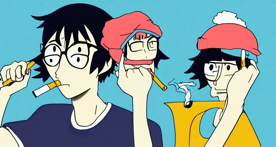 Prompt: Retro anime drawing of a man smoking a cigarette by tatami galaxy and science saru, smoke, beanie, navy blue eyes, saturated color