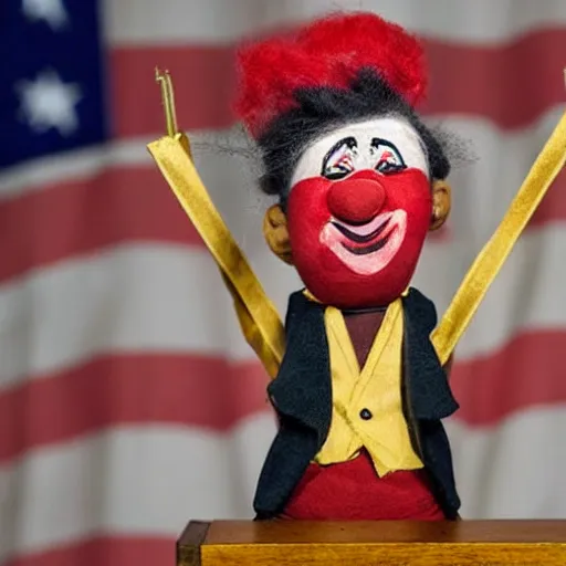 Image similar to puppet show of a string marionette of a president with clown makeup in a podium