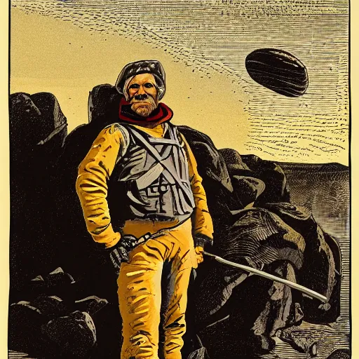 Prompt: 19th century scruffy american trapper, on mars, overlooking expanse, pulp science fiction illustration