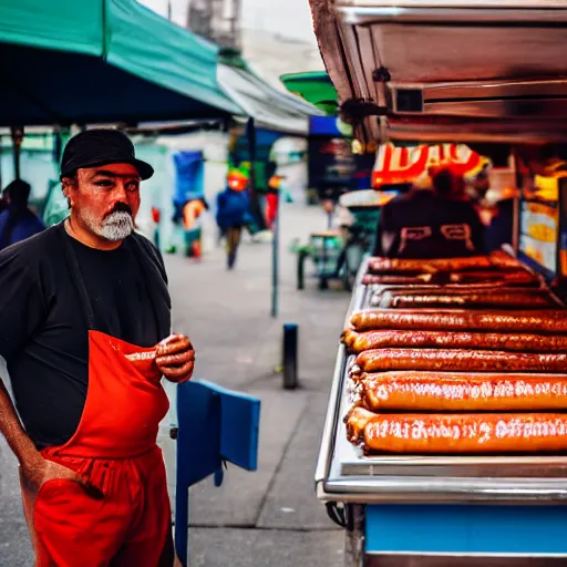 Prompt: portrait of a strange man selling hot dogs, 🌭, eccentric, canon eos r 3, f / 1. 4, iso 2 0 0, 1 / 1 6 0 s, 8 k, raw, unedited, symmetrical balance, wide angle