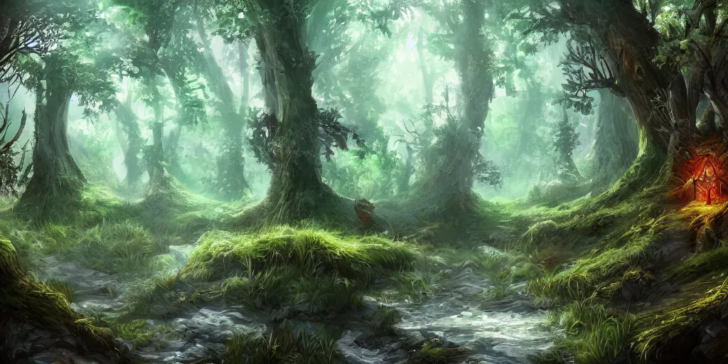 Image similar to digital painting of a fantasy forest, artstation, wallpaper, hd, bushes, river, fantastic creatures, depth of field