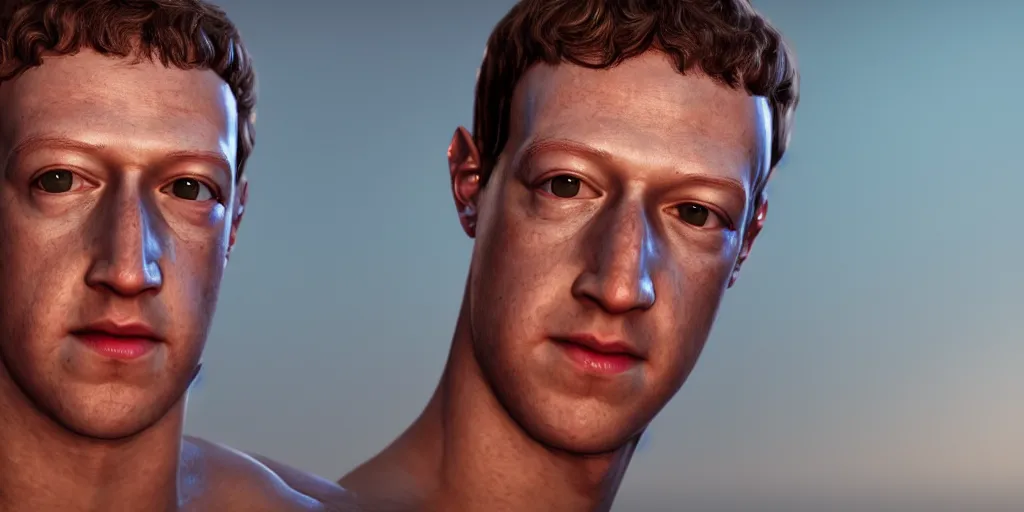 Prompt: professional photograph of a muscular mark zuckerberg as julius caesar, gleaming skin, glowing, sparkling, hyper realistic, digital painting, rendered in unreal 5, octane render, artstation, ambient lighting