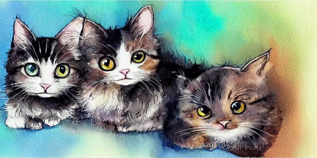 Image similar to watercolor illustration style, cute cats use mobile phone