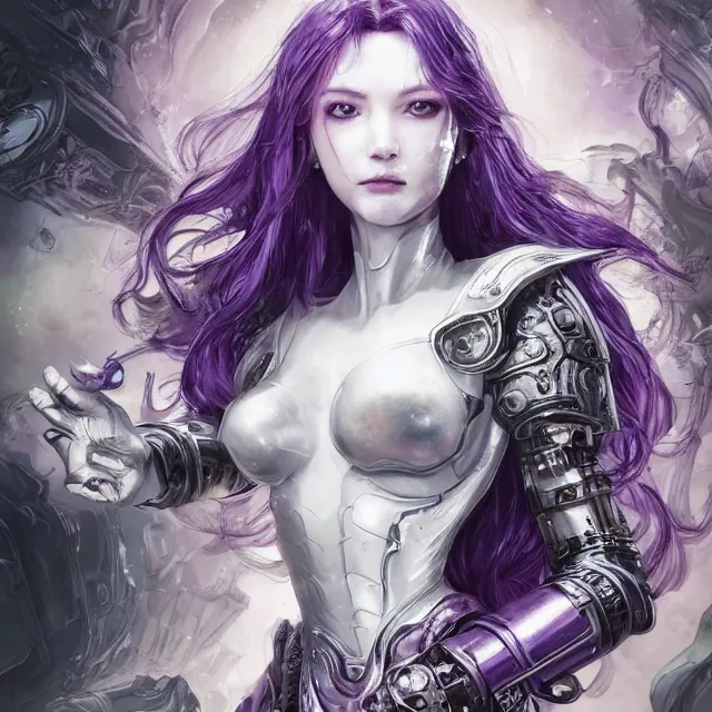 Prompt: close facial portrait of a pale woman in sci - fi armor with a flowing purple, elegant, stoic, intense, ultrafine hyperdetailed illustration by kim jung gi, irakli nadar, intricate linework, sharp focus, bright colors, octopath traveler, final fantasy, hearthstone, highly rendered, global illumination, radiant light, detailed, intricate environment