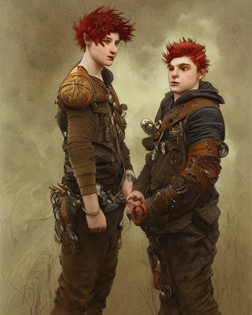 Prompt: portrait of short and stocky, 1 9 - year - old male twins with red hair and freckles, hyper realistic face, beautiful eyes, fantasy art, in the style of greg rutkowski, intricate, alphonse mucha, hyper detailed, smooth