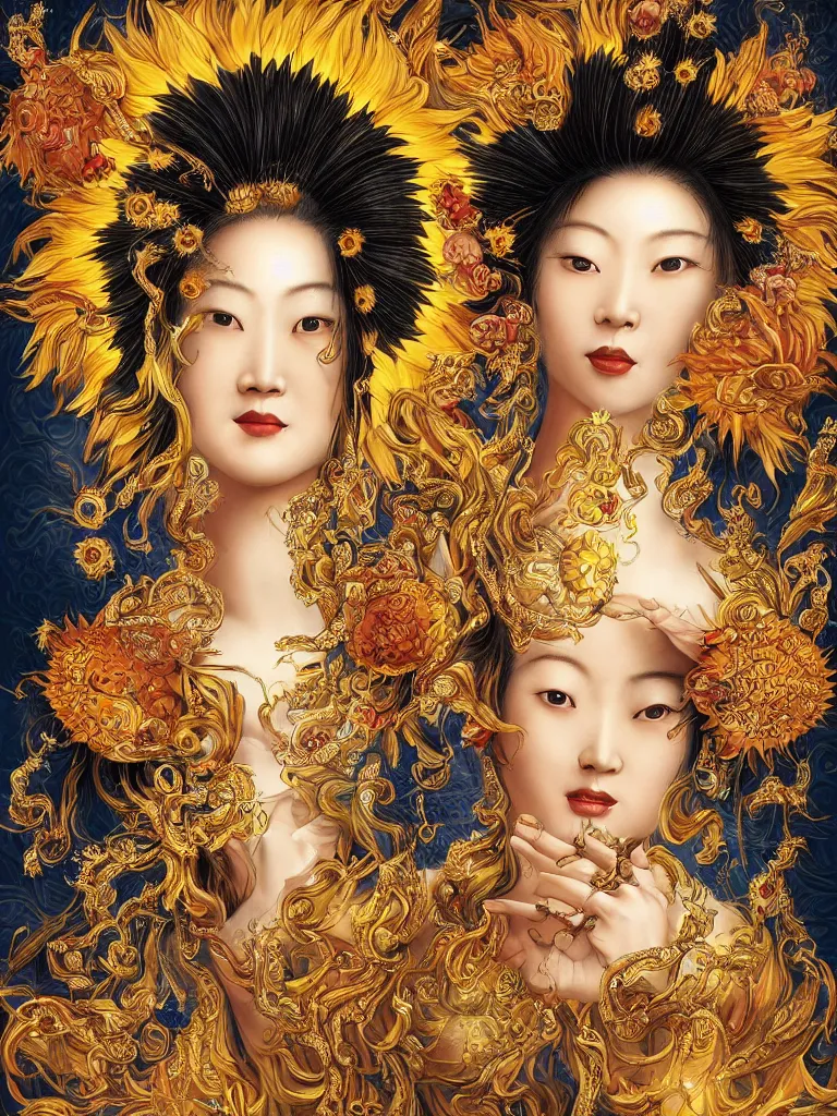 Prompt: Graceful portrait of the Sunflower Goddess, a Chinese female deity who brings joy and light onto the world with her smile and by channeling energy from the sun. Insanely nice professional hair style, dramatic hair colour, digital painting of a old 17th century, amber jewels and golden gemstones, baroque, ornate clothing, sci-fi, dark blue smoke background, flames, very realistic, chiaroscuro, art by Franz Hals and Jon Foster and Ayami Kojima and Amano and Karol Bal.