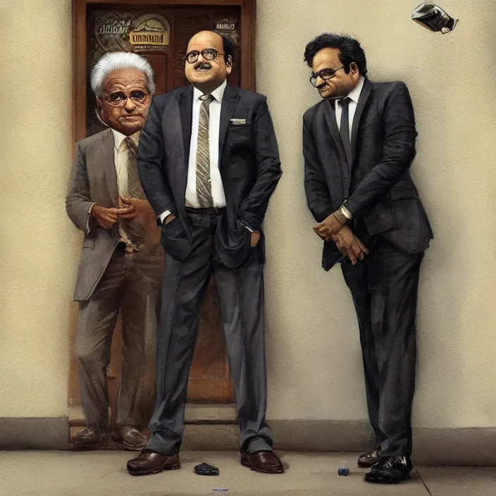 Image similar to a tall indian man in a suit and danny devito outside a bar, elegant, real life skin, intricate artwork, high detailed, artstation, concept art, smooth, sharp focus, art by artgerm and greg rutkowski