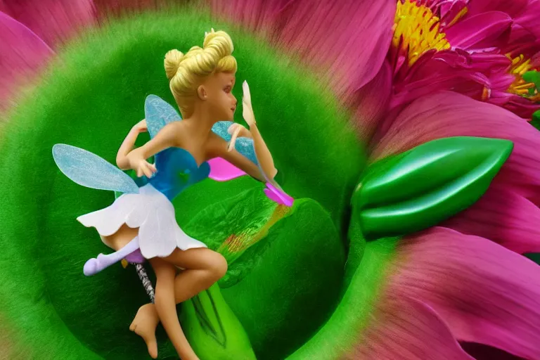 Prompt: Disney Tinkerbell kissing a big flower, hyper realism, macro shot