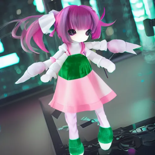 Prompt: cute fumo plush of a girl with prosthetic mechanical arms, green dataglyphs, pink velvet dress, bokeh, cyberpunk anime girl, vray