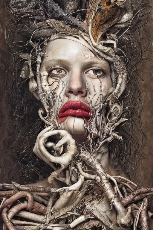 Image similar to Detailed maximalist portrait of a greek god with large lips and eyes, scared expression, botanical anatomy, skeletal with extra flesh, HD mixed media, 3D collage, highly detailed and intricate, surreal illustration in the style of Jenny Saville, dark art, baroque, centred in image