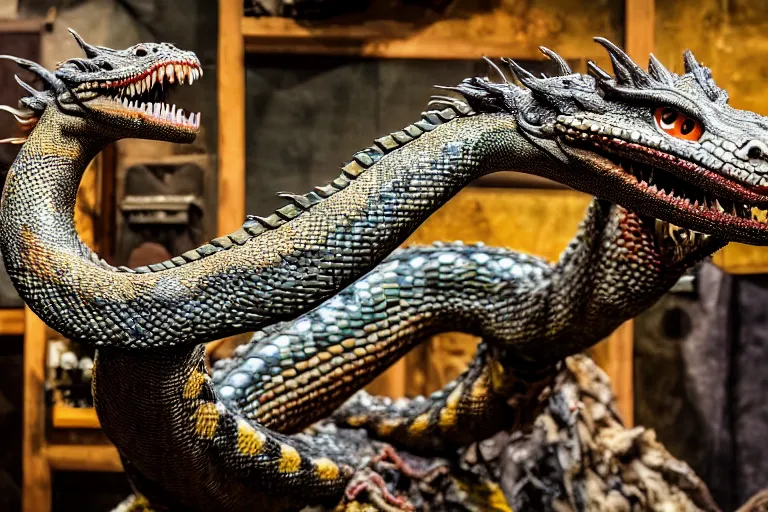 Image similar to photo taken of an epic intricate, ultra detailed, super realistic gritty, hero prop, exquisitely weathered animatronic movie prop of a lifelike sculpture of a quetzalcoatl dragon snake creature displayed in the workshop, created by weta workshop, full body shot, photorealistic, sharp focus