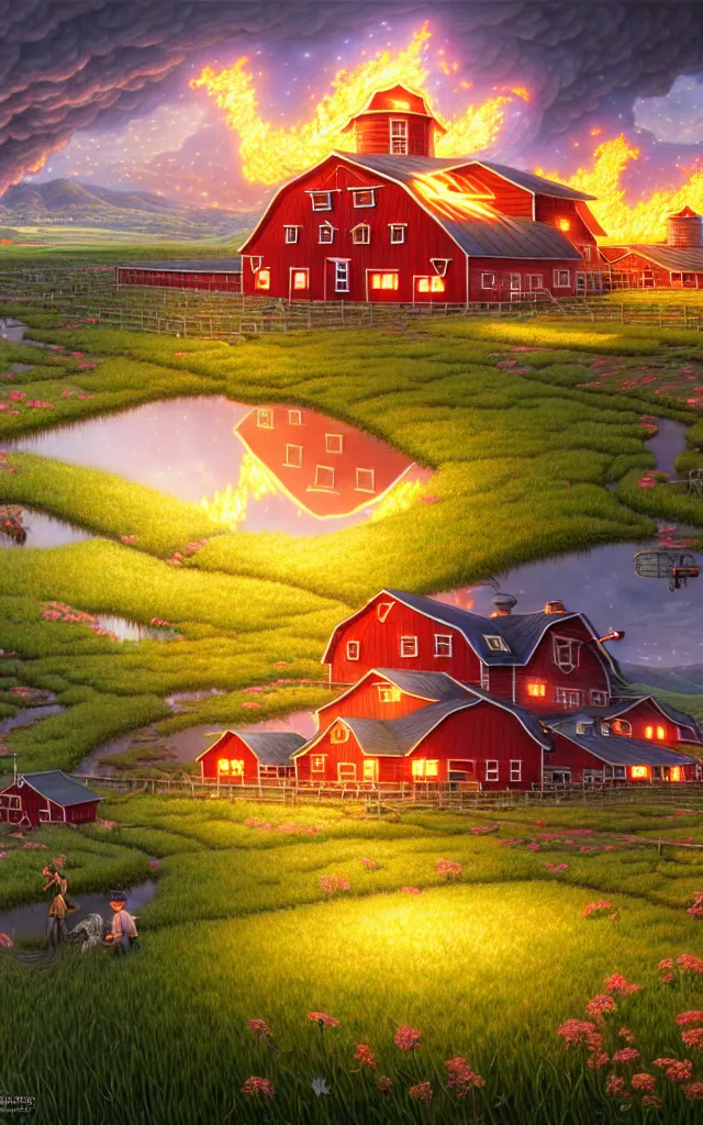 Prompt: wide view of a farm ,reflections of fire clouds, fantasy, intricate, richly detailed colored 3D illustration of a beautiful ornated happy farm with background with completely rendered reflections, art by Range Murata and Artgerm highly detailed, digital painting, trending on artstation, sharp focus, D&D, illustration, style of Stanley Artgerm, perfect smile vogue, awards, model,