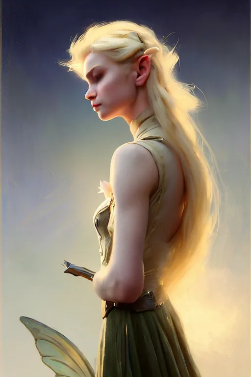 Image similar to cinematic shot of an epic portrait of a cute blonde fairy dressed in military clothes, stylised military clothes, large wings on back, shiny skin, beautiful, small details, realistic poster with volumetric light from jeremy lipkin and michael garmash, craig mallism, artgerm, unreal engine, radiant light, digital art, trends at art station, a masterpiece